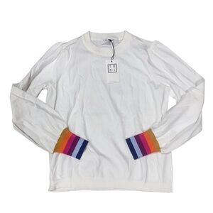THML White Sweater with Rainbow Cuffs, Size Small, New With Tags, Crew Neck